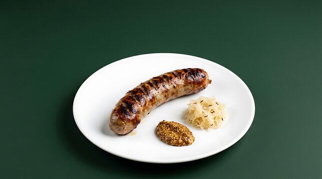 grilled bratwurst sausage placed diagonally on a clean white ceramic plate