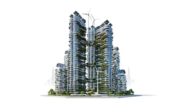 Futuristic green city skyline with solar roofs and vertical gardens &ndash; Suitable for sustainable urban planning, eco real estate, or future architecture.