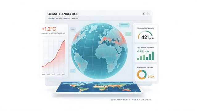 Climate analytics dashboard displaying global temperature trends &ndash; Ideal for ESG reporting, climate change analytics, or corporate sustainability software.