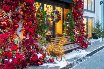 Festive Christmas decoration of a restaurant facade in Moscow with red ornaments, baubles, poinsettia flowers, evergreen garlands, illuminated reindeer sculpture, a wooden bench, and winter snow. © elenarostunova