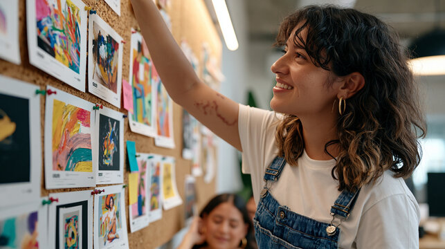 Thumbnail designer in a warm studio surrounded by printed mockups pinned to corkboard, visible stretch marks on her arms as she reaches overhead to repin a composition, the group dynamic of creative