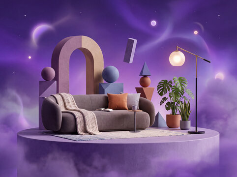 A comfortable purple sofa placed upon a floating circular stage surrounded by cosmic clouds and geometric shapes with a tall standing lamp and indoor greenery under a vibrant glowing galaxy sky
