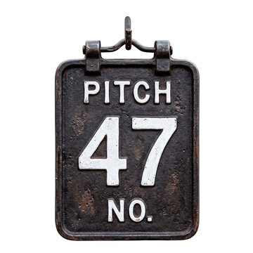 Vintage Cast Iron Sign with PITCH 47 NO Text and Hanging Hook PNG Isolated on transparent background
