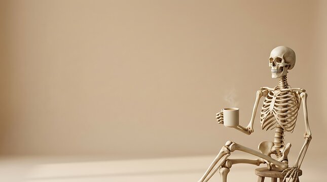 A minimalist halloween background featuring a human skeleton sitting and holding a coffee mug against a simple light beige wall backdrop