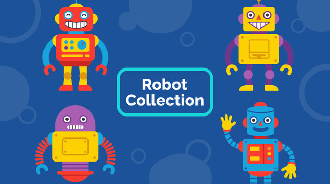 Set of four different colorful cute robot characters in circle frame on blue background
