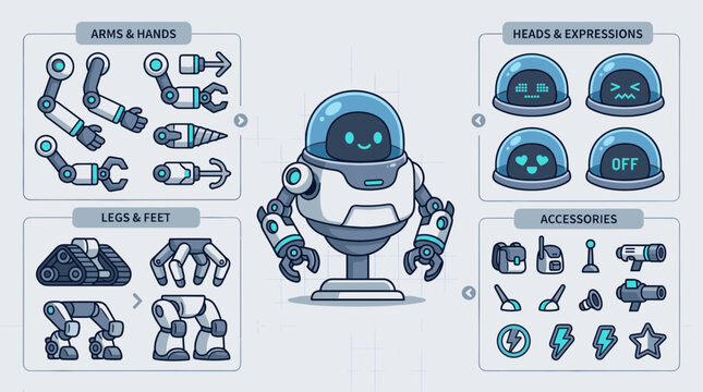 Customizable robot character with interchangeable parts and accessories for various design