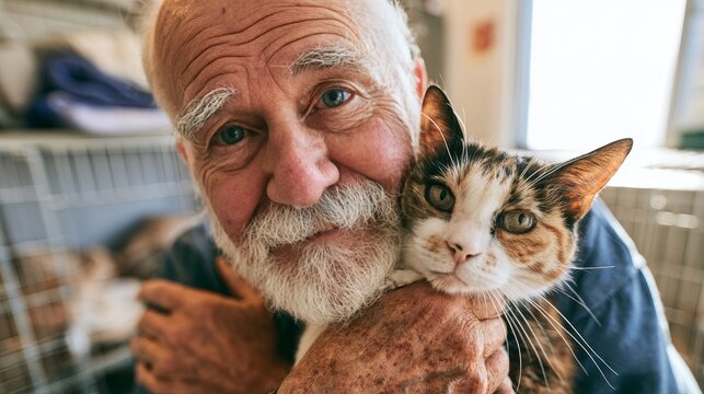 Elderly man with gray beard embraces a calico cat in a pet shelter, cages and soft bedding visible in the background, showcasing a warm interaction