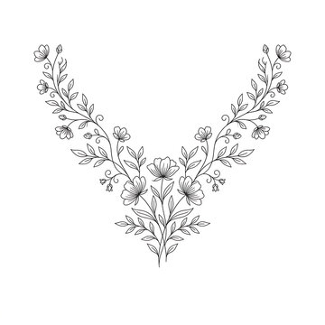 Detailed decorative floral neckline embellishment design with symmetrical leaves and vines for fashion clothing and garment embroidery