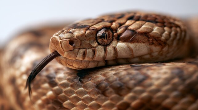 Close-up of a brown and tan patterned snake with a flicking tongue resting on a smooth surface, showcasing its scales and intricate details