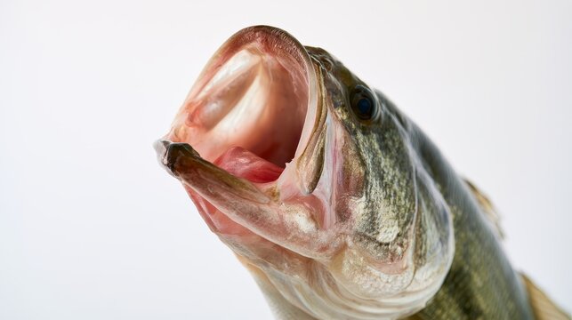 Close-up of a freshwater bass fish with open mouth displaying sharp teeth against a plain white background highlighting its scales and features