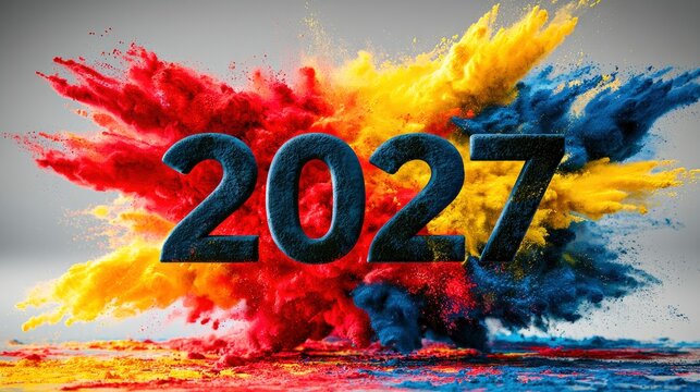 2027 numeric digits exploding through vibrant color powder clouds in a sharp focus studio shot for new year event marketing