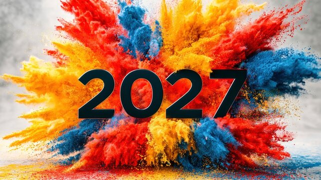 2027 number with vibrant color powder explosion on neutral background in sharp studio focus for festive celebration marketing