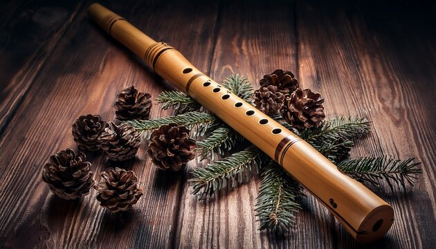 Traditional Wooden Flute On Rustic Surface With Pinecones