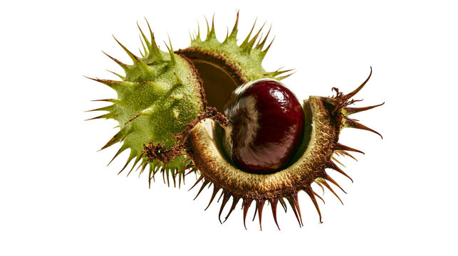 Spiky green horse chestnut shell with brown seed inside