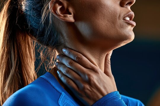 Athlete touching sore neck after intense workout with dramatic macro lighting for healthcare marketing
