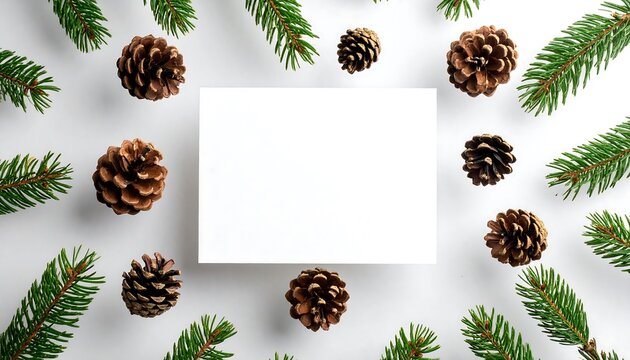 Winter scene with pine cones and evergreen branches around a blank space for note or card