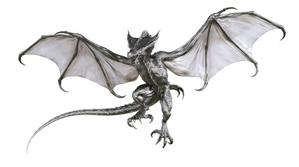 Fototapeta premium Gray dragon with large wings spread wide sharp claws, and long tail