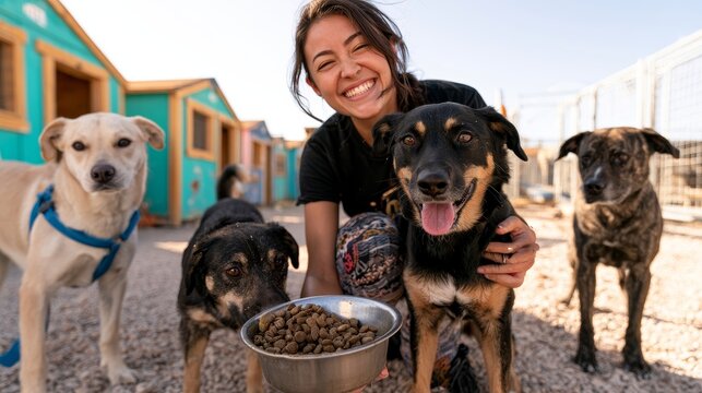 Young woman smiling while feeding dogs with a bowl of kibble in an outdoor animal shelter, colorful dog houses visible in the background