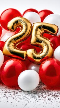 Gold number 25 foil balloons nestled in red and white latex spheres with sharp focus for anniversary celebration marketing