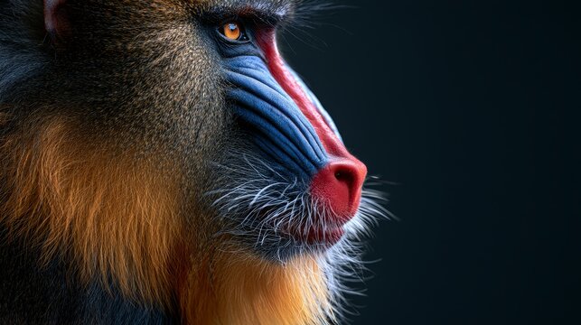 Close-up profile of a baboon showcasing vibrant facial features, including blue and red markings, with a dark background emphasizing its unique coloration and texture