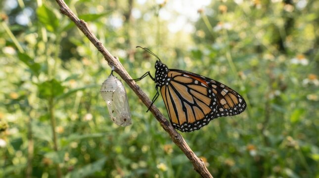 Butterfly resting beside chrysalis