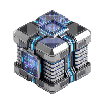 Futuristic 3D isometric cyber cloud data mainframe storage server node for premium tech user interface