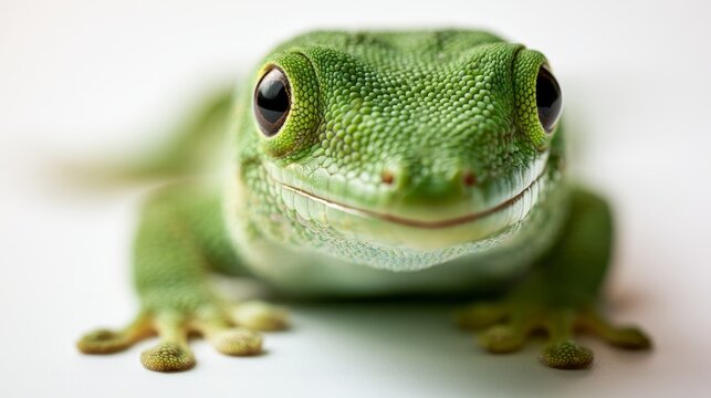 Close-up of a vibrant green tree frog with large eyes and textured skin, positioned on a light background showcasing its unique features and coloration