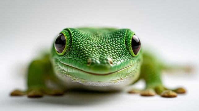 Close-up of a vibrant green tree frog with large eyes and textured skin, positioned on a light background showcasing its distinct features and colors