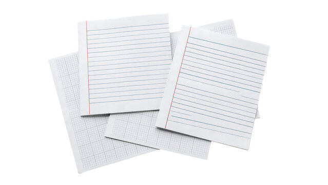 Stack of white lined paper sheets isolated on black background for use as a transparent png file