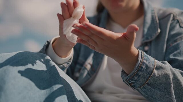 Traveler cleaning hands with foam, young person in denim jacket sits roadside using foam sanitizer to cleanse palms and fingers with sunlight and clouds overhead, closeup movement showing practical