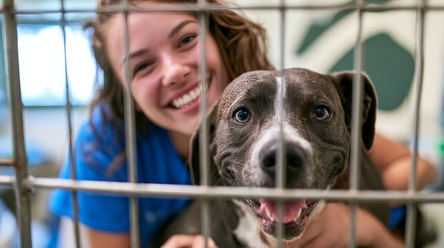 Young woman with brown hair smiling beside a gray dog inside an animal shelter, metal cage bars visible in the foreground and colorful walls in the background