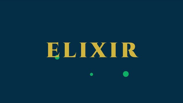 Elixir text animation with floating green particles on dark blue 4k background, motion typography