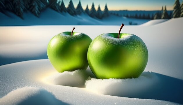 D Green Apples On White Snow Generative Ai