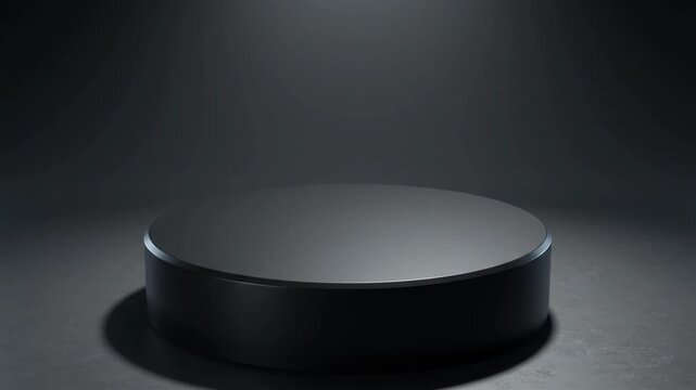 Minimalist black podium for product display, sleek dark pedestal in spotlight, elegant round stage for luxury showcase