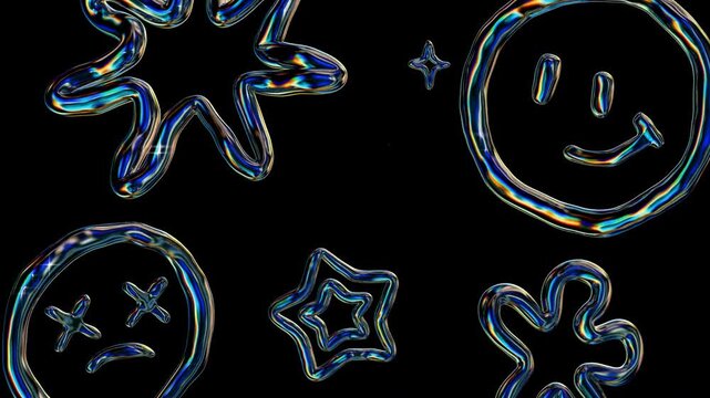 Y2K Holographic Iridescent Chrome Doodle Elements Seamless Loop Animation | Transparent Background | 4K