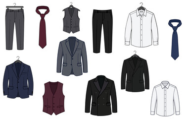 Fototapeta premium Mens Formal Business Wear Collection Suit Jackets Blazers Dress Shirts Vests Neckties Trousers