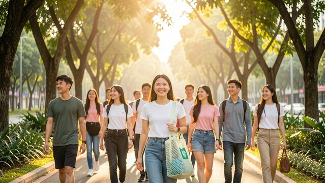 diverse generation z asian friends walking in sunlit modern park carrying eco tote bag promoting sustainable lifestyle golden hour portrait for advertising