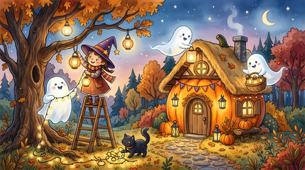 Fototapeta premium Whimsical Halloween Scene with a Little Witch and Friendly Ghosts
