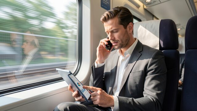 focused modern businessman working on tablet and phone inside upscale train cabin with soft natural light background for corporate marketing