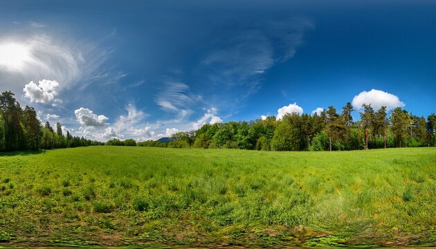 Large Panoramic Hdr Landscape With Meadow Forest And Dramatic Sky At Sunny Day