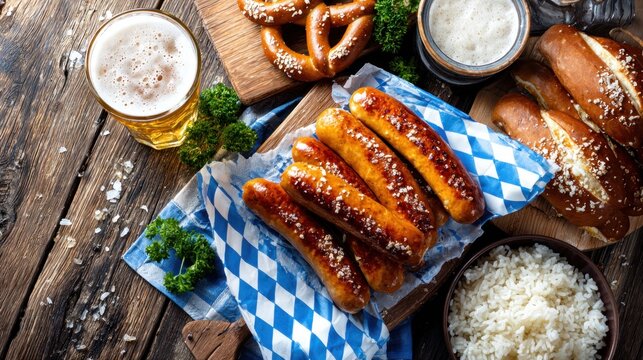 Overhead view sausages, pretzels, beer mugs, and a bowl of rice, arranged on a rustic wood table