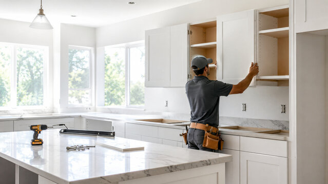 Contractor Installing Modern Kitchen Cabinets During Home Renovation