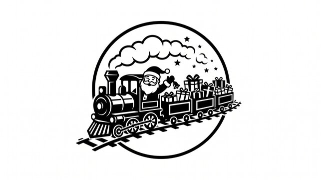 Santa claus driving a festive steam train carrying holiday gift boxes