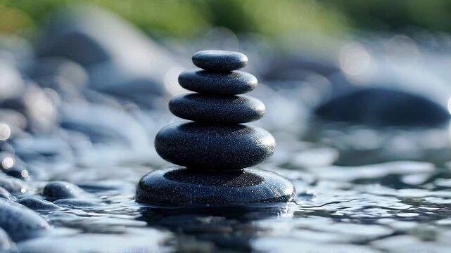 Stack of balanced dark stones in flowing river water. Zen cairn meditation concept with pebbles standing in stream. Relaxation and harmony in nature environment.