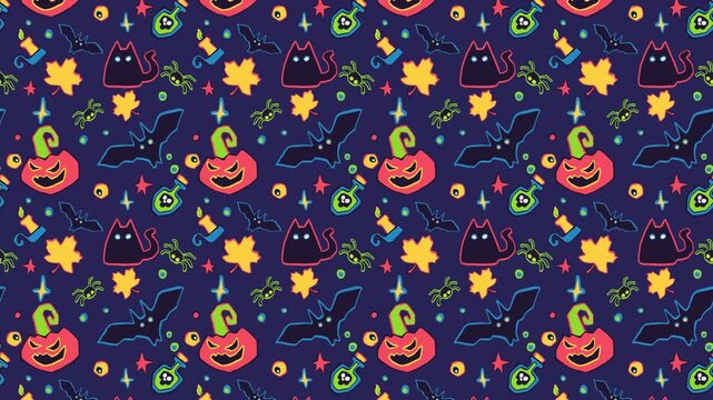 Seamless looping 2D cartoon animation pattern with vibrant Halloween elements. Perfect for festive seasonal promotions, social media content, event invitations, or as a dynamic background.