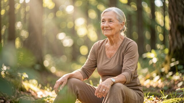 serene elderly woman meditating in sun dappled forest clearing for wellness advertisement and mindful retirement lifestyle content