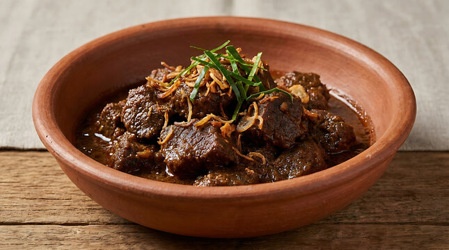 Indonesian Slow Cooked Beef Rendang Curry Served in Terracotta Clay Bowl Garnished with Crispy Shallots