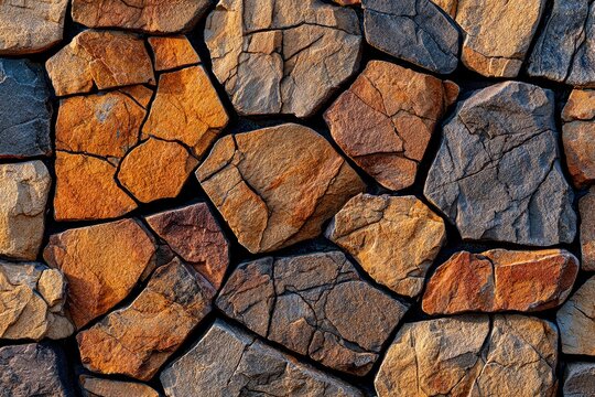 Natural stone wall featuring interlocking rocks with rich earthy textures in sharp macro focus for architectural and landscaping marketing