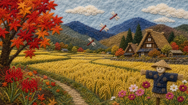 季節の風景。フェルトと刺繍で表現した日本の秋の田園風景。