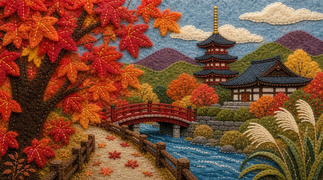季節の風景。フェルトと刺繍で表現した日本の秋の風景。